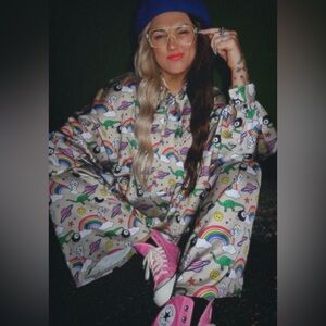 NWT EMY AVE DINO SATIN PANT & TOP SET, SIZE L/XL